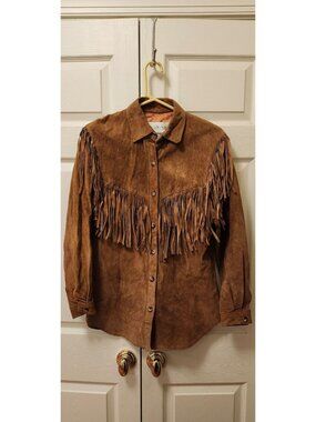 Vtg Women JH Collectables Brown Suede Fringe Button Up Shirt Jacket Size 6